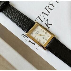 Vintage Style Seiko Quartz Mens Gold Watch & White accents W/ Leather Strap